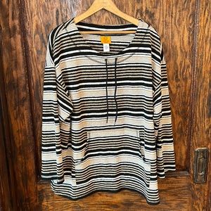 Ruby rd beige white black striped drawstring shirt size 2x hoodie pocket